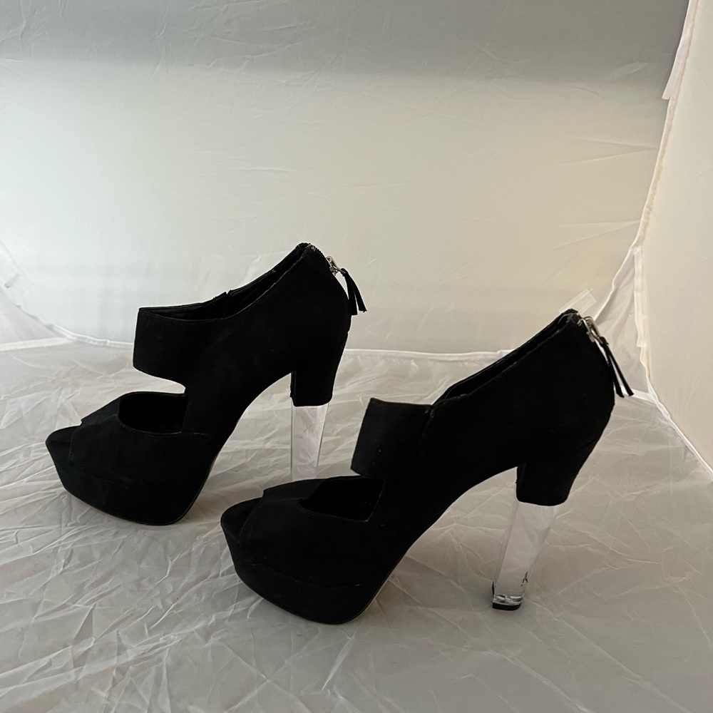Call it Spring Black faux suede heels with clear heel. Size 10
